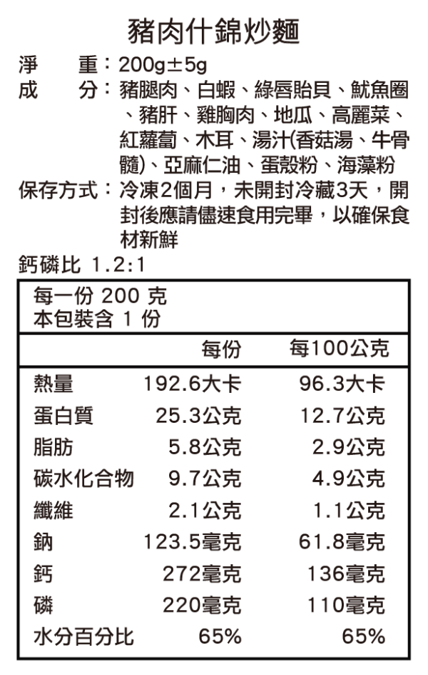 奢華豬肉什錦炒麵 200g | 冷凍主食 狗狗鮮食、狗狗零食、狗狗肉乾、台式主食、200g大包裝、關節保健、補水補氣、寵物保冷袋