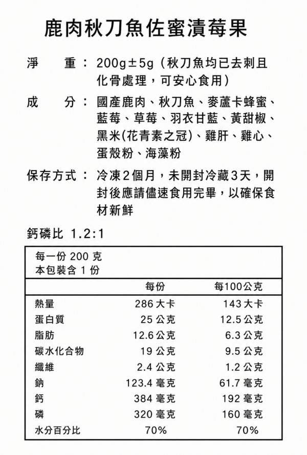 鹿肉秋刀魚佐蜜漬莓果 200g | 抗氧化、花青素 