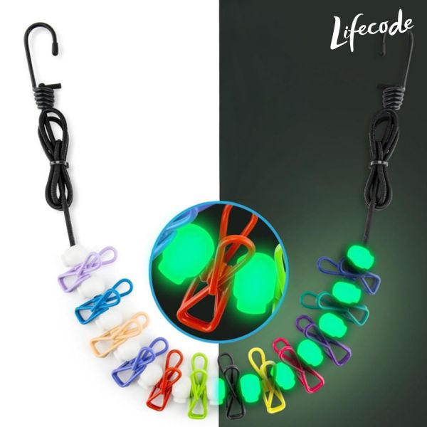【LIFECODE】1.8M彈性晾衣繩(夜光珠+12個彩夾+防水袋) 14100048 LIFECODE,彈性晾衣繩,露營晾衣繩,旅行晾衣繩,夜光晾衣繩,便攜晾衣繩,露營用品,旅行用品,車宿用品