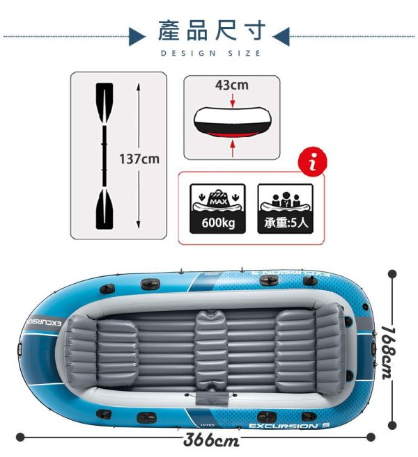 【INTEX】拓荒者EXCURISION 5人座橡皮艇 15170091(66325) INTEX橡皮艇, Excursion 5, 拓荒者5人座, 五人充氣船, 承重600kg橡皮艇, 1,320lb橡皮艇, SuperStrong PVC, 三氣室橡皮艇, 四釣竿支架, 可加裝馬達橡皮艇, Boston閥, I-Beam地板, 湖泊釣魚橡皮艇, SPORT SERIES