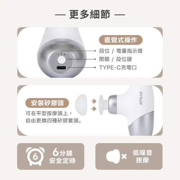 G-PLUS 掌心雷按摩筋膜槍/3段調整/5款頭/附收納袋-白色 12380083 限時特價 筋膜按摩槍, 隨身按摩槍, 掌心按摩槍, G-PLUS 按摩槍, GP-M05, 肌肉放鬆, 肩頸按摩, 運動按摩, 低噪音按摩槍, Type-C 充電按摩槍, 三段震動按摩槍, 按摩槍推薦, 小型按摩槍, 辦公室按摩器, 隨身舒壓器