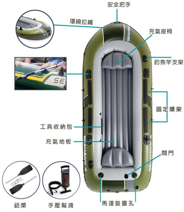 【INTEX】海鷹Seahawk 4人座橡皮艇15170081(66334) INTEX橡皮艇, Seahawk 4, 海鷹4人座, 四人充氣船, SuperStrong PVC, 三氣室橡皮艇, 承重480kg, 可加裝馬達橡皮艇, Boston閥, I-Beam地板, 湖泊划船, SPORT SERIES, 家庭水上活動