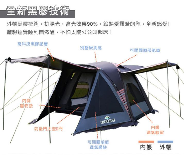 【LIFECODE】《倪克斯》黑膠5-6人雙層防風帳篷-黑旋風 12020048 LIFECODE,戶外用品,LIFECODE生活密碼戶外用品生活館 ,,帳篷,折疊桌椅,鋁合金,車尾帳,速搭帳,露營,露營區,露營裝備,露營生活,露營美學,outdoor,camping,帳篷,露營小物