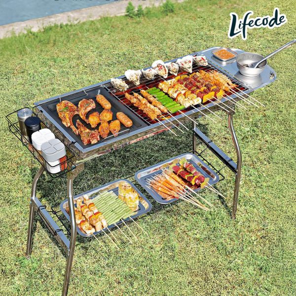 【LIFECODE】烤肉達人不鏽鋼烤肉架-大全配(附304不鏽鋼烤網+烤盤+置物架*3+收納袋) 12410090 LIFECODE烤肉架、304不鏽鋼烤網、戶外BBQ架、烤肉神器、抽拉碳盆、露營烤肉桌、庭院烤爐、煎烤煮三用烤架、不鏽鋼烤肉爐、大家庭烤肉台