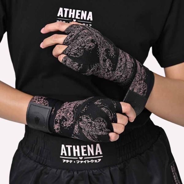 ATHENA 手綁帶 4.5米 浪潮 黑粉款 附洗滌袋 手綁帶,棉質,彈性,泰拳,ATHENA,黑色,拳擊