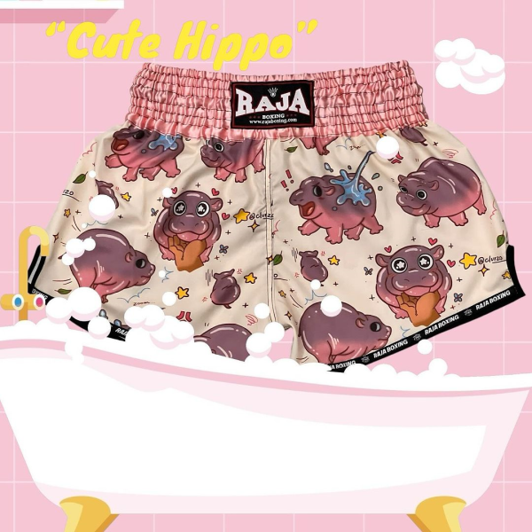 RAJA 河馬 Moo Deng M / L / XL Q版 粉色 泰拳褲 泰拳褲,RAJA,拳擊,踢拳,泰拳,運動短褲,運動褲,拳擊褲