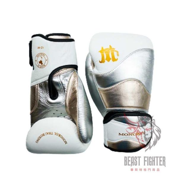 MONGKOL 蒙坤 12oz 雙腕帶 白金 真皮 拳擊手套 拳套,MONGKOL,拳擊,踢拳,泰拳,拳擊,白色