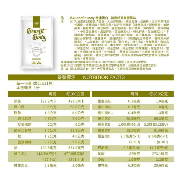 沃爾司 Benefit Body 激能蛋白 初雲焙茶拿鐵 蛋奶素 10包 / 盒 乳清蛋白,拿鐵,焙茶,蛋白飲,豌豆蛋白,植物蛋白,植物乳清,素食乳清