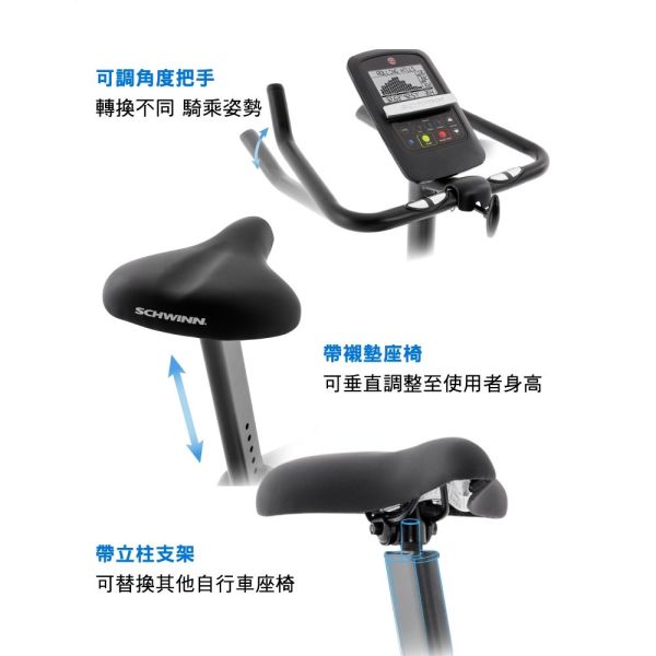 Schwinn 510U 直立式健身車 Schwinn 510U, 直立式健身車, 居家健身, 有氧運動, 磁控阻力, Explore the World, Zwift, 健身APP, 心率監測, 健身器材推薦​,喬山