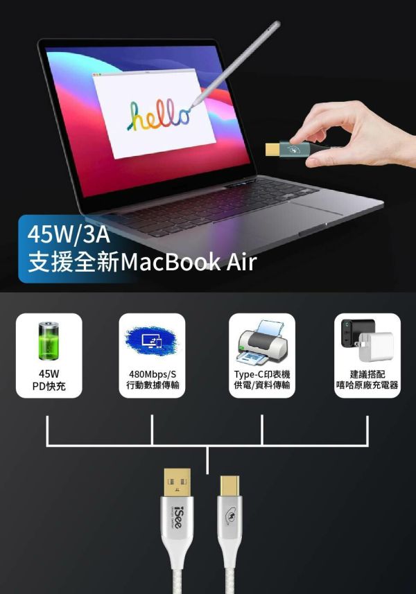iSee 快充線 Type-A to C 45W 2.5米 鋁合金PD充電傳輸線 IC-AC678 