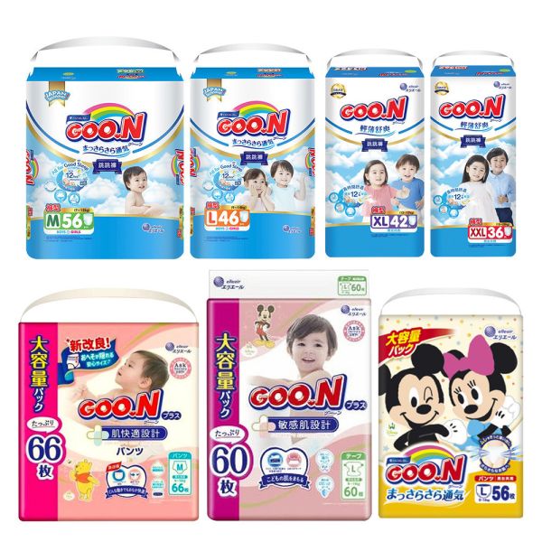 日本 大王尿布 Goo.N 敏感肌設計 黏貼式尿布 褲型尿布 跳跳褲 日本原裝大王 Goo.N 尿布系列,專為寶寶敏感肌設計。柔軟透氣、超強吸收、舒適貼合。提供黏貼式與褲型跳跳褲多尺寸選擇,箱購現貨限宅配配送,給寶寶最安心的呵護。