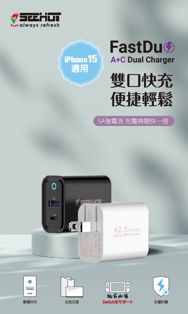 SEEHOT Fast Duo PD快充 雙口 USB-C USB-A 5A/42.5W強電流 充電時間快一倍 雙孔快充頭,PD快充插頭,USB-C快充,USB-A快充,42.5W快充,SEEHOT充電器,PD20W QC3.0,快充不傷機芯,雙口充電器推薦,iPhone16快充頭,可折疊插頭充電器,Switch快充推薦,10重保護快充,支援蘋果快充,安卓快充頭,出差用快充,SEEHOT Fast Duo,快充插座,雙孔USB充電器,旅行充電器推薦