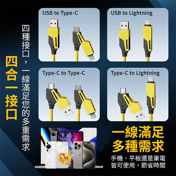 【四合一彈簧快充數據線】65W高速充電｜USB+Type-C+Lightning多功能一線搞定 四合一數據線,快充數據線,彈簧充電線,Type-C快充,Lightning充電線,多功能數據線,USB充電線,65W快充,防纏繞充電線,旅行充電線