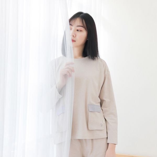 MIT有機棉素面跳色口袋長袖家居服/睡衣/居家服-麻花卡其 睡衣,家居服,居家服,家居褲,居家褲,舒服睡衣,umorfil,膠原蛋白紗,美膚膠原蛋白,有機棉,親膚