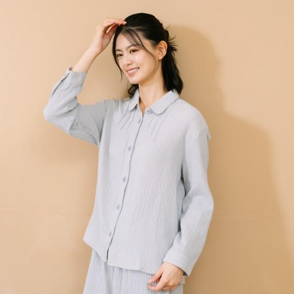 呼吸二重紗開襟襯衫-共2色 呼吸二重紗開襟襯衫,居家服,上衣,棉,粉色,淺灰藍,FANTINO,凡第諾