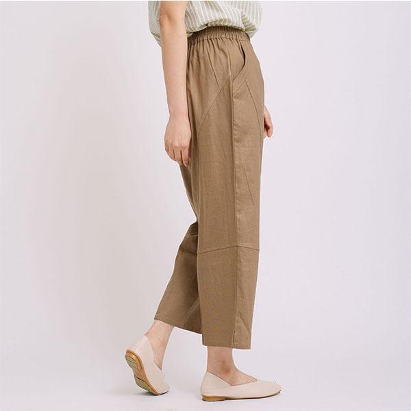 透氣棉麻剪接設計修身長褲-共2色 