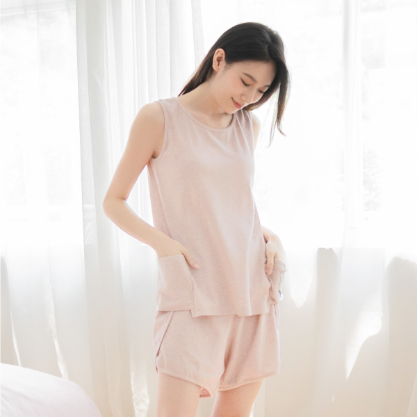 MIT有機棉小熊刺繡涼涼背心居家服-櫻花粉 睡衣,家居服,居家服,家居褲,居家褲,舒服睡衣,umorfil,膠原蛋白紗,美膚膠原蛋白,有機棉,親膚