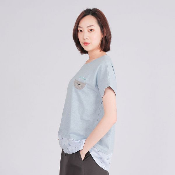 MIT有機棉拼接前短後長圓領衫(女)-麻花藍 