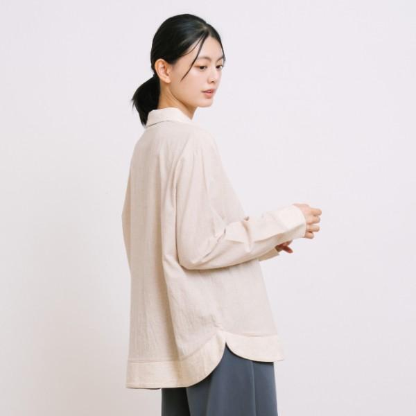 棉麻感刺繡拼接純棉開襟衫-共2色 棉麻感刺繡拼接純棉開襟衫,外出服,上衣,棉,米杏色,藍色,FANTINO,凡第諾