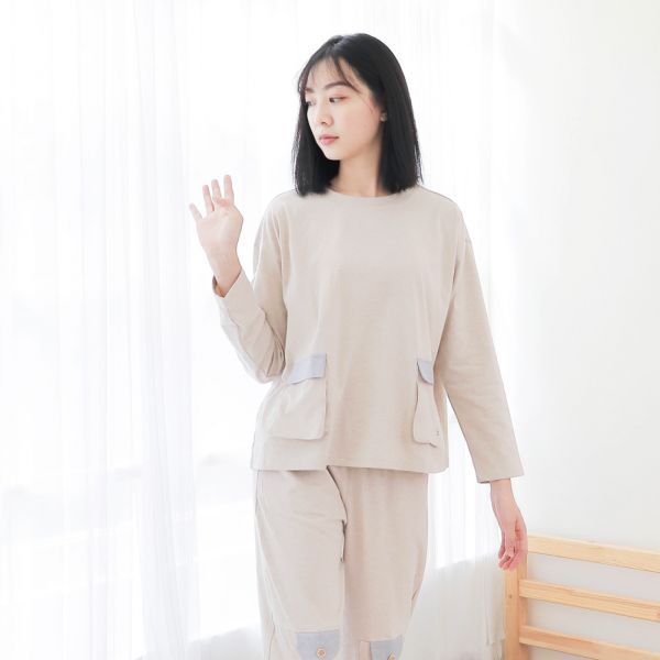 MIT有機棉素面跳色口袋長袖家居服/睡衣/居家服-麻花卡其 睡衣,家居服,居家服,家居褲,居家褲,舒服睡衣,umorfil,膠原蛋白紗,美膚膠原蛋白,有機棉,親膚