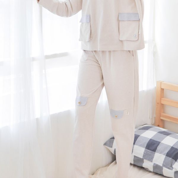 MIT有機棉素面跳色口袋長袖家居服/睡衣/居家服-麻花卡其 睡衣,家居服,居家服,家居褲,居家褲,舒服睡衣,umorfil,膠原蛋白紗,美膚膠原蛋白,有機棉,親膚