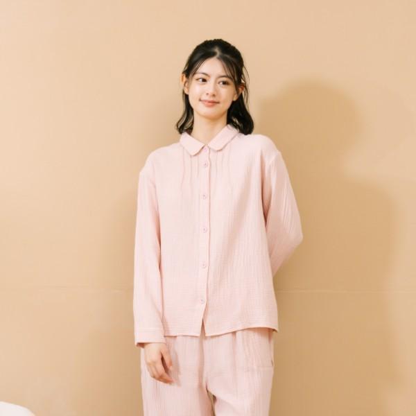 呼吸二重紗開襟襯衫-共2色 呼吸二重紗開襟襯衫,居家服,上衣,棉,粉色,淺灰藍,FANTINO,凡第諾