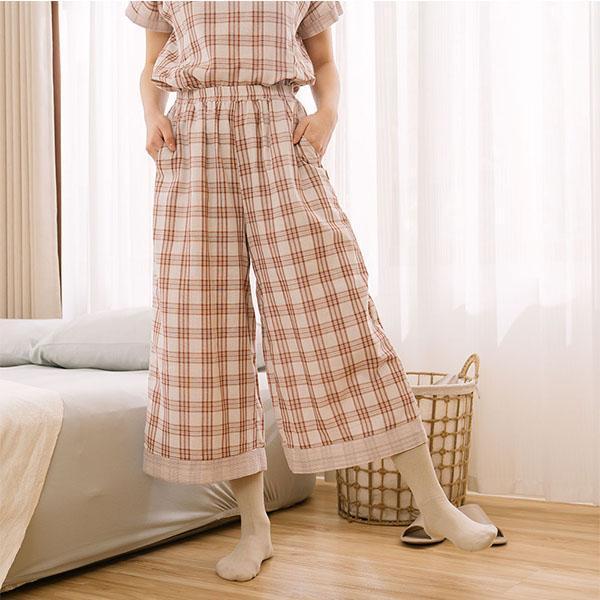 輕薄透氣格紋重紗寬褲-共2色 