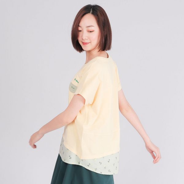 MIT有機棉拼接前短後長圓領衫(女)-麻花黃 