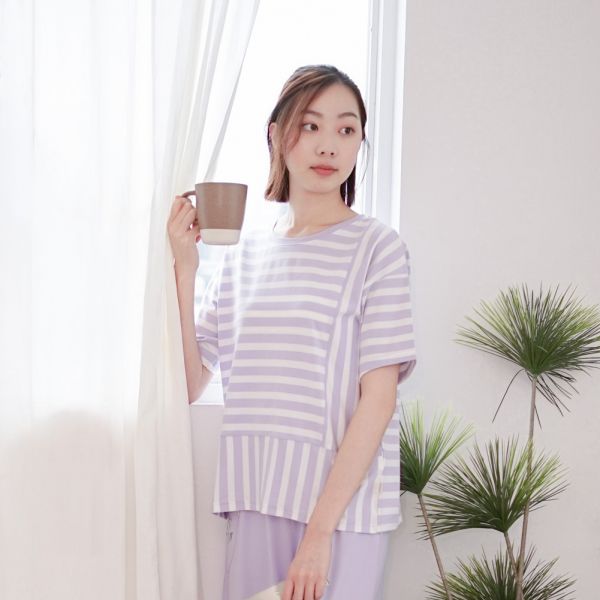 UMORFIL膠原蛋白拼接短袖居家服-條紋紫 睡衣,家居服,居家服,家居褲,居家褲,舒服睡衣,umorfil,膠原蛋白紗,美膚膠原蛋白,有機棉,親膚
