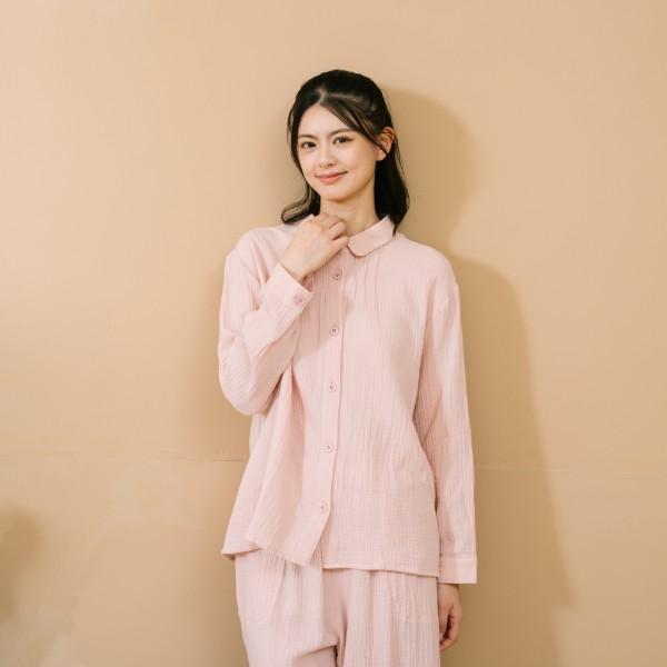 呼吸二重紗開襟襯衫-共2色 呼吸二重紗開襟襯衫,居家服,上衣,棉,粉色,淺灰藍,FANTINO,凡第諾