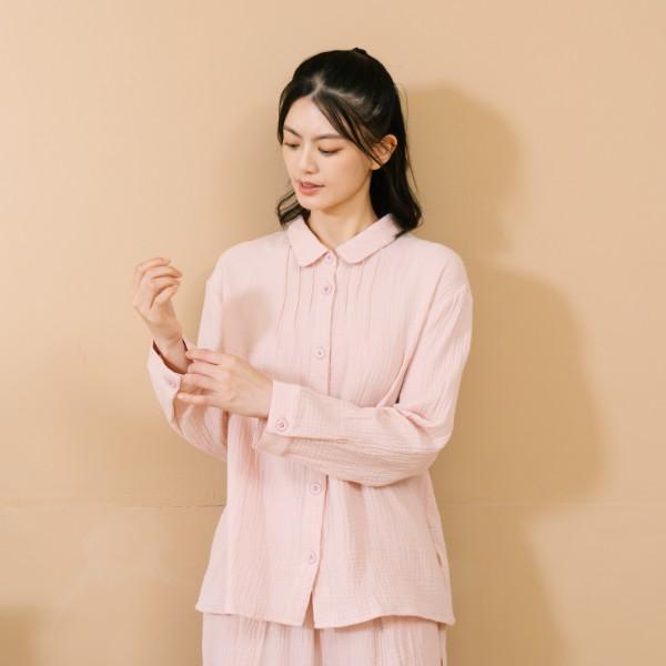 呼吸二重紗開襟襯衫-共2色 呼吸二重紗開襟襯衫,居家服,上衣,棉,粉色,淺灰藍,FANTINO,凡第諾