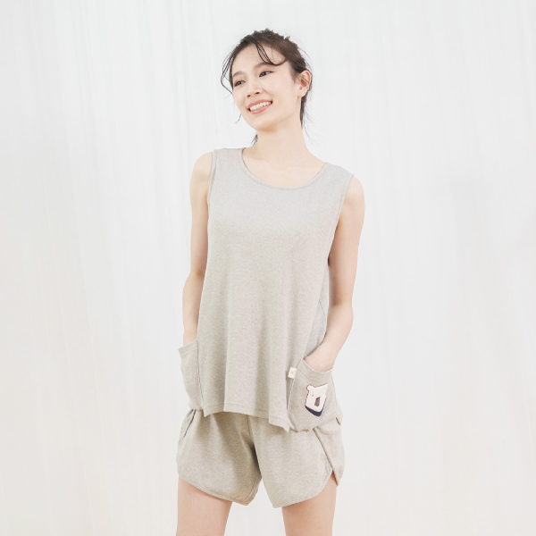 MIT有機棉小熊刺繡涼涼背心居家服-冰晶灰 睡衣,家居服,居家服,家居褲,居家褲,舒服睡衣,umorfil,膠原蛋白紗,美膚膠原蛋白,有機棉,親膚