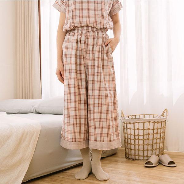 輕薄透氣格紋重紗寬褲-共2色 