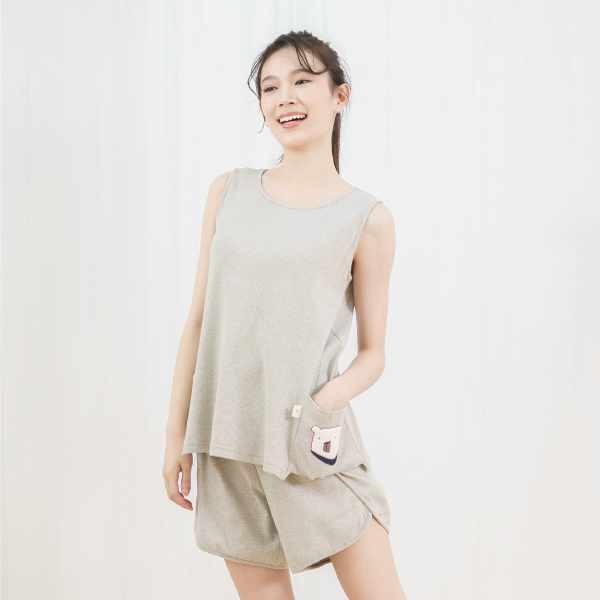 MIT有機棉小熊刺繡涼涼背心居家服-冰晶灰 睡衣,家居服,居家服,家居褲,居家褲,舒服睡衣,umorfil,膠原蛋白紗,美膚膠原蛋白,有機棉,親膚