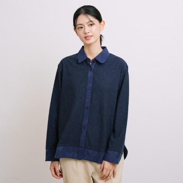 棉麻感刺繡拼接純棉開襟衫-共2色 棉麻感刺繡拼接純棉開襟衫,外出服,上衣,棉,米杏色,藍色,FANTINO,凡第諾