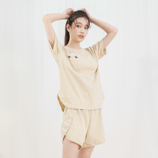 MIT有機棉小熊口袋刺繡短袖居家服-羽毛鵝黃 睡衣,家居服,居家服,家居褲,居家褲,舒服睡衣,umorfil,膠原蛋白紗,美膚膠原蛋白,有機棉,親膚