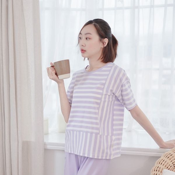 UMORFIL膠原蛋白拼接短袖居家服-條紋紫 睡衣,家居服,居家服,家居褲,居家褲,舒服睡衣,umorfil,膠原蛋白紗,美膚膠原蛋白,有機棉,親膚