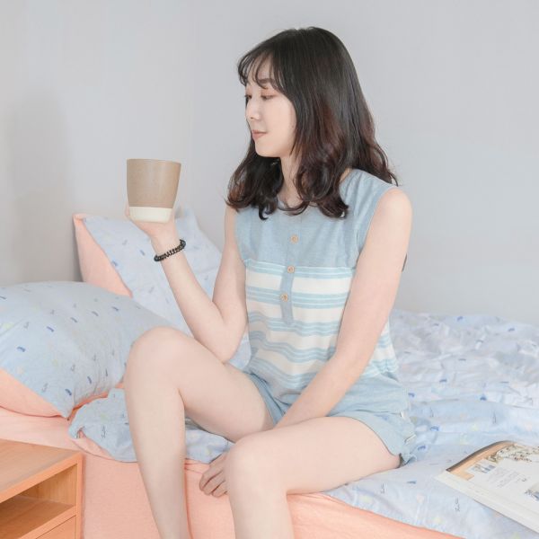 MIT有機棉超涼冰淇淋條紋寬肩背心家居服/睡衣/居家服-蘇打藍 睡衣,家居服,居家服,家居褲,居家褲,舒服睡衣,umorfil,膠原蛋白紗,美膚膠原蛋白,有機棉,親膚