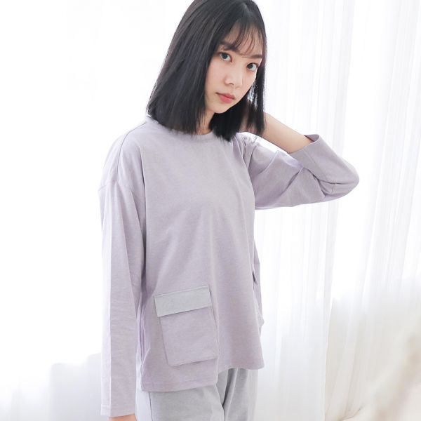 MIT有機棉素面跳色口袋長袖家居服/睡衣/居家服-麻花紫 睡衣,家居服,居家服,家居褲,居家褲,舒服睡衣,umorfil,膠原蛋白紗,美膚膠原蛋白,有機棉,親膚