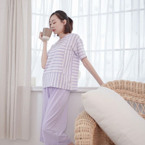 UMORFIL膠原蛋白拼接短袖居家服-條紋紫 睡衣,家居服,居家服,家居褲,居家褲,舒服睡衣,umorfil,膠原蛋白紗,美膚膠原蛋白,有機棉,親膚