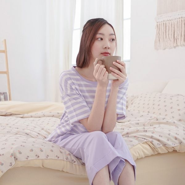 UMORFIL膠原蛋白拼接短袖居家服-條紋紫 睡衣,家居服,居家服,家居褲,居家褲,舒服睡衣,umorfil,膠原蛋白紗,美膚膠原蛋白,有機棉,親膚