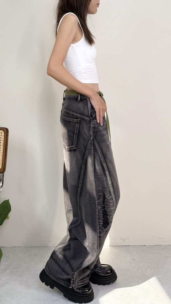 個性刷破彎刀褲 