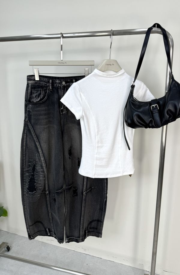 個性刷破彎刀褲 