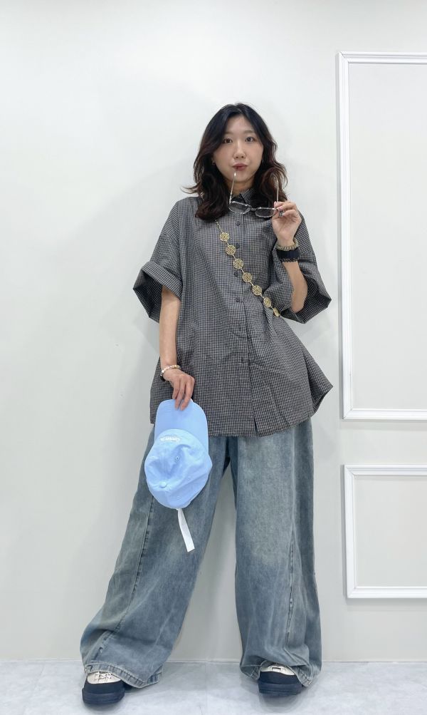 格子泡泡短袖襯衫 鐵灰/杏 