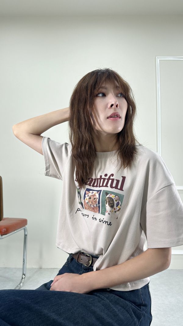 頭巾貓咪寬鬆短T 白 杏  黑 