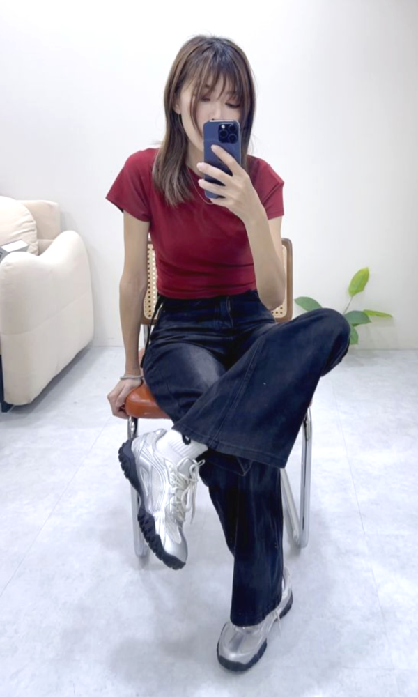 大腿友善彈力刷色喇叭褲(S~XL) 藍 黑 