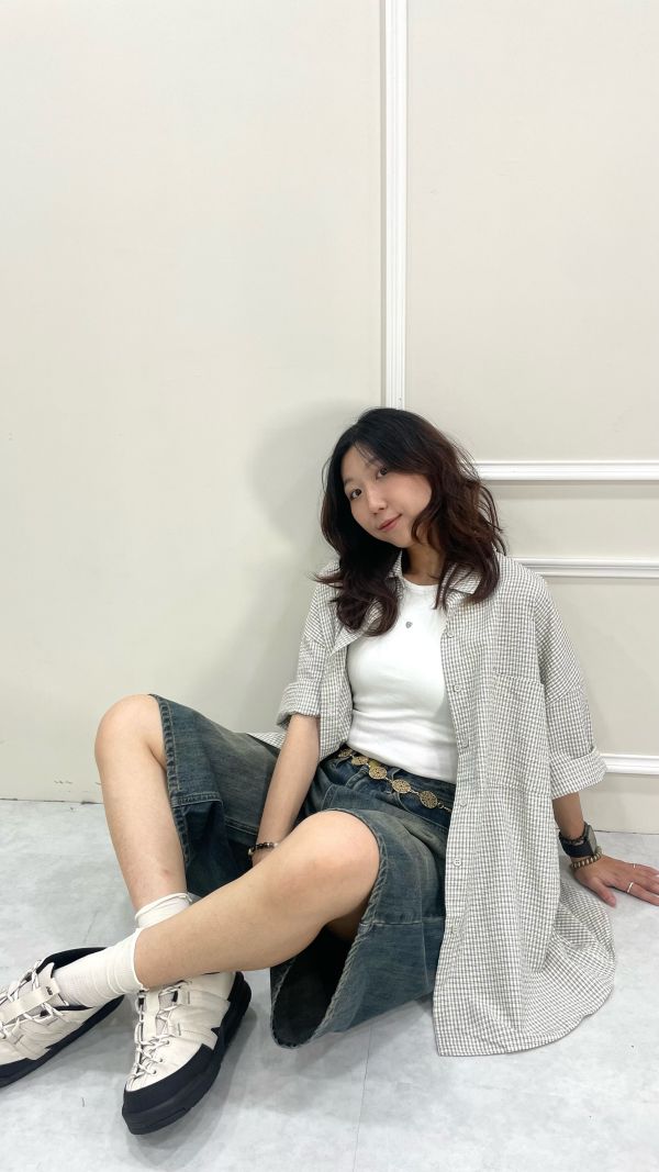 格子泡泡短袖襯衫 鐵灰/杏 