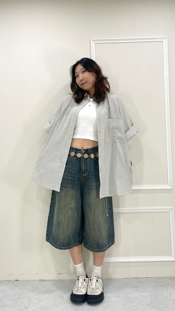 格子泡泡短袖襯衫 鐵灰/杏 