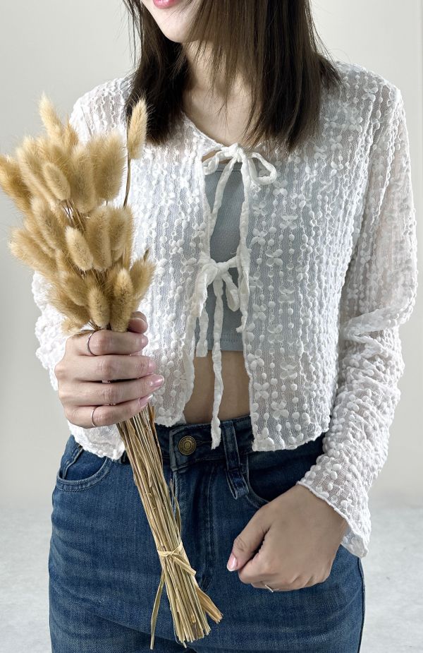 雙綁帶蕾絲罩衫 白 