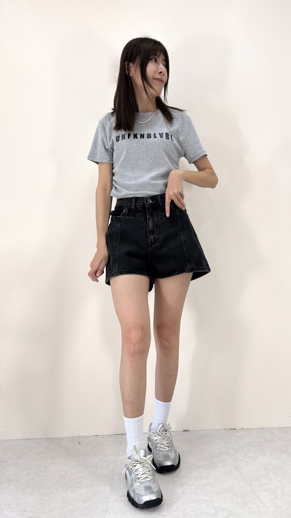 麻花辮側釦牛仔短褲（藍/黑）（S-XL) 